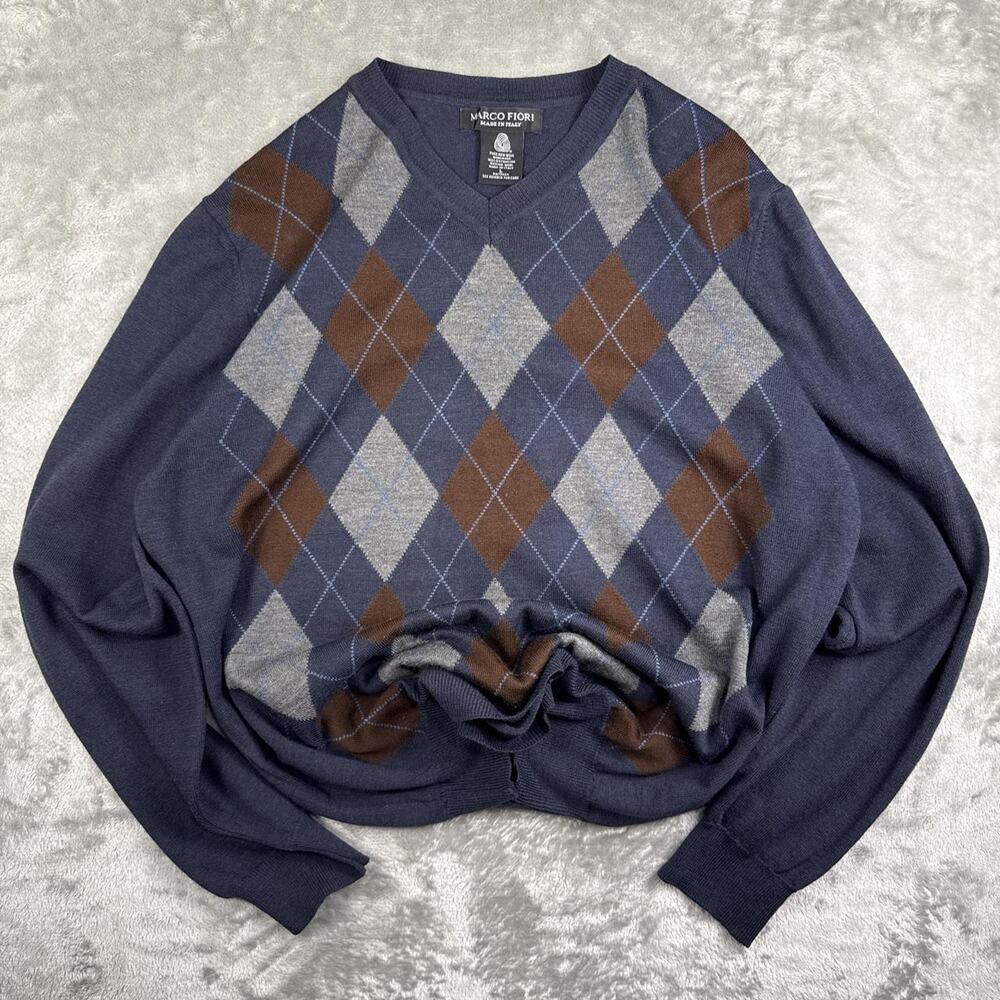 Marco Fiori Men’s Sweater 100% Extra Fine Merino Wool Italy L Blue Brown Argyle